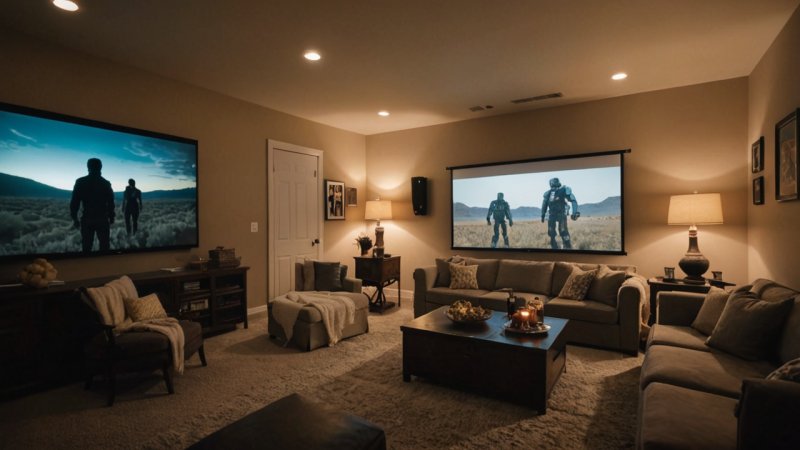 movie night, cozy atmosphere, home theater, snacks, lighting, sound setup, entertainment tech, film selection