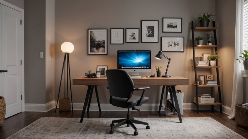 smart home office, productivity tools, smart desk, noise-canceling headphones, digital assistant, ergonomic chair