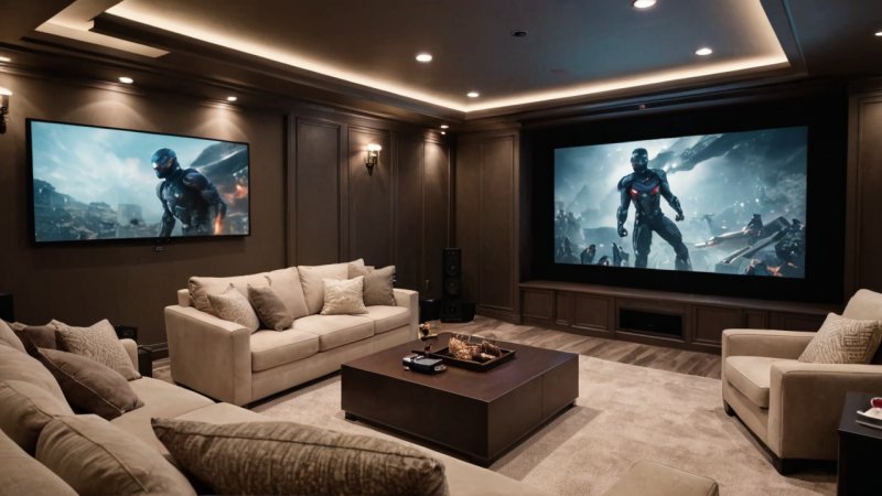 movie night, home theater, projector setup, sound system, smart home, movie snacks, ambient lighting, home entertainment